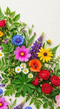 Texture floreale continua con un mix vibrante di vari fiori selvatici e da giardino, petali colorati e foglie verdi lussureggianti, tessuto, vivace, foglie verdi