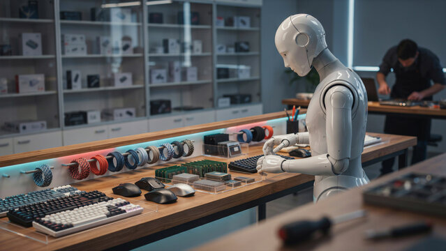 Humanoid robot working at a workbench with computer peripherals and electronic components