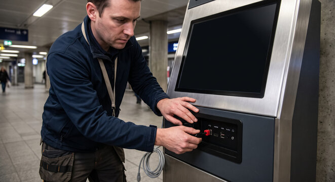 Technician Connecting Cable into Public Kiosk Terminal Port for Maintenance and Data Security. Concept of cybersecurity, network cable.