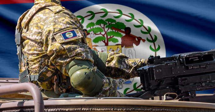 Belize flag with soldier at machinegun turret