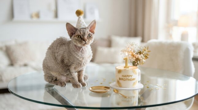 A cute Devon Rex cat wearing a small birthday party hat sits next to a first birthday mini cake now