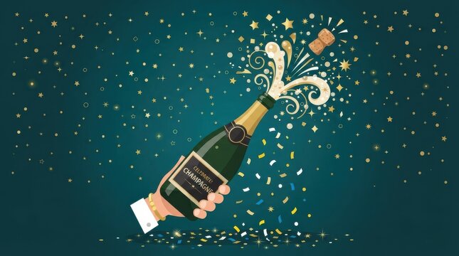 Hand holding champagne bottle with popping cork and confetti on dark teal background with stars cham