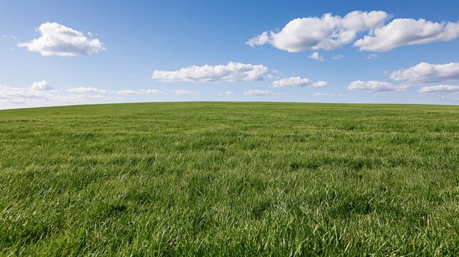 Wide grassy field stretching to a gently rolling horizon under a blue sky with scattered clouds