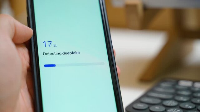 Hand holding smartphone with app detecting deepfake and showing no deepfake detected result