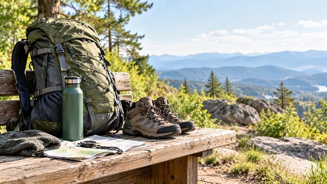 Backpack, hiking boots, and essentials rest on a rustic bench, overlooking a stunning mountain panorama. Ideal for outdoor adventure and wilderness exploration