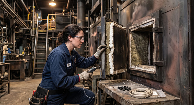 Female technician inspecting industrial furnace refractory insulation lining with digital thermometer. Concept of thermal inspection, factory worker, heat treatment, temperature check.
