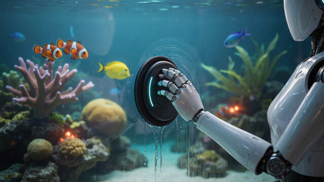 Robotic hand touching a glass aquarium wall with colorful tropical fish and coral reef background