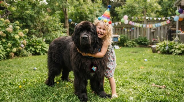 Young girl in party hat hugging a large black dog in a backyard with bunting decorations girl dog bl