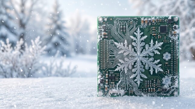 Electronic circuit board covered with frost and snow beside a large snowflake, representing winter technology, computer hardware, cooling, electronics. Banner, copy space