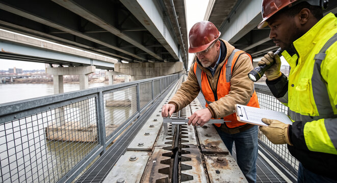 Professional civil engineers and inspectors examine bridge expansion joint using caliper tool on walkway. Concept of bridge inspection, bridge maintenance, infrastructure inspection.