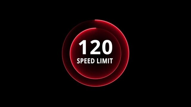 Dynamic road speed limit 120 graphic with futuristic blue neon glow effect on a black background for presentations and technology. Road speed limit 120 mph sign board,circle neon line template