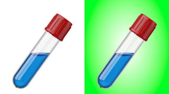 Two test tubes with blue liquid red caps