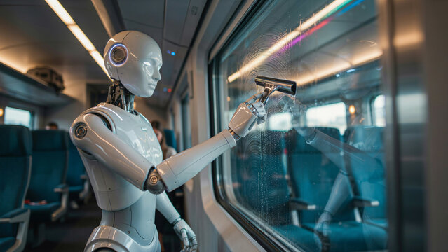 White humanoid robot cleaning a train window with a squeegee in a passenger carriage interior