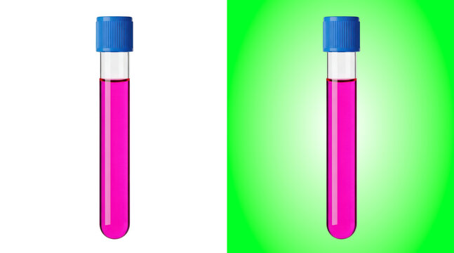 Two test tubes with pink liquid and blue caps
