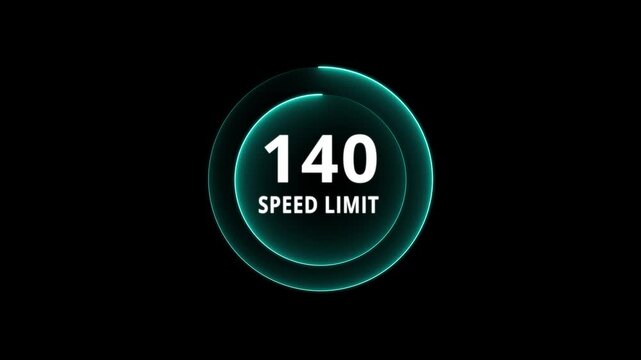 Dynamic road speed limit 140 graphic with futuristic blue neon glow effect on a black background for presentations and technology. Road speed limit 140 mph sign board,circle neon line template