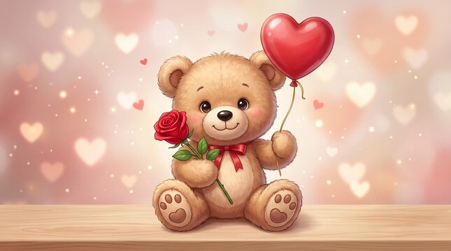 Chubby teddy bear holding a red rose with heart shaped balloon