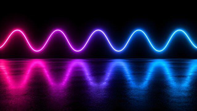 Glowing pink purple and blue neon sine wave oscillation with light reflection on a dark reflective surface representing scientific concept
