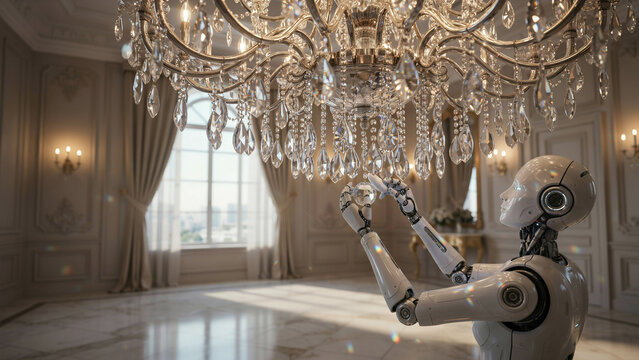 White humanoid robot looking up at a large crystal chandelier in a bright luxury interior room