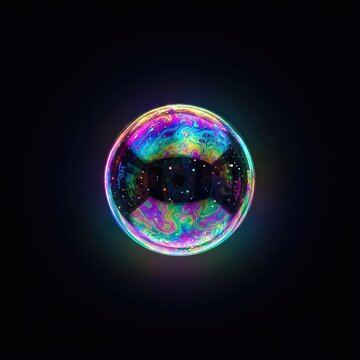 A luminous soap bubble or glowing sphere drifts in complete darkness, reflecting vibrant colors and patterns while casting subtle light, glowing, liquid, circle