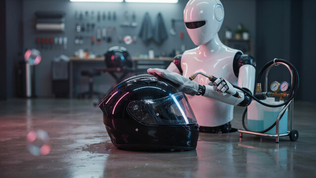 White humanoid robot polishing a black motorcycle helmet in a workshop with tools on the wall