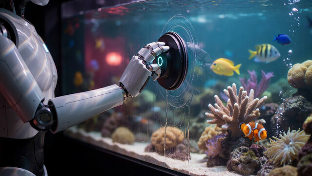 White humanoid robot touching the glass of a large aquarium filled with tropical fish