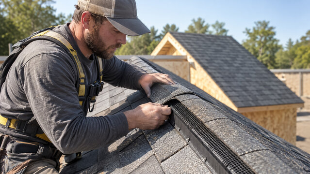 Professional roofer installing ridge vent mesh under asphalt shingles on residential house roof. Concept of ridge ventilation, roof installation, construction worker, roof ventilation.