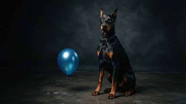 Doberman pinscher dog sitting with blue balloon against dark studio background