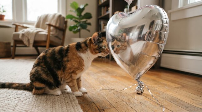 Calico cat curiously sniffing a large silver heart-shaped balloon indoors