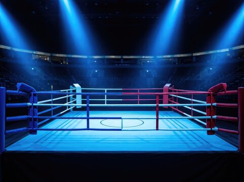 An empty boxing ring glows under vibrant blue spotlights in a dimly lit, high-energy indoor arena, ready for action, empty boxing ring, intense, night
