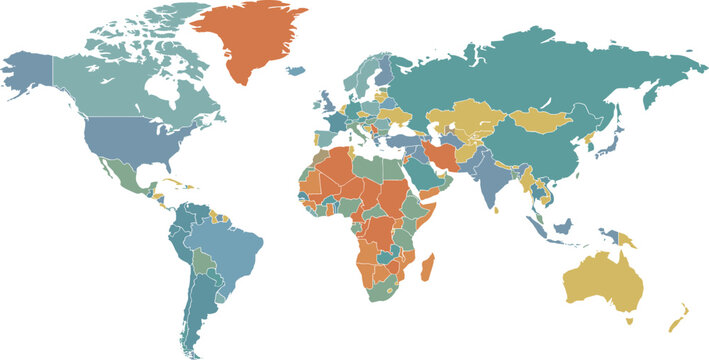 World Map with Individually Colored Countries Detailed Political Borders
