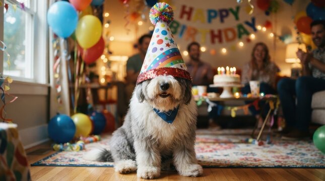 Happy birthday party with dog wearing party hat in decorated room