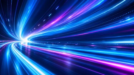Fototapeta premium Abstract digital technology background with futuristic glowing blue and pink neon light trails representing fast speed and data flow