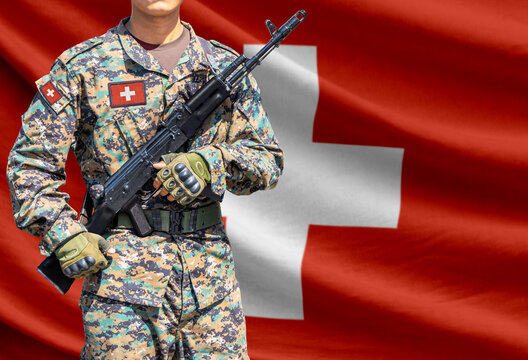 Switzerland flag with soldier holding assault rifle