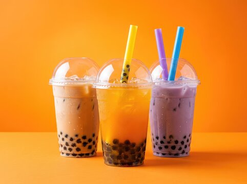 Iced bubble tea drinks with boba in clear cups on orange background. Refreshing cold beverages with straws and tapioca for summer menu advertising, cheerful, condensation, delicious