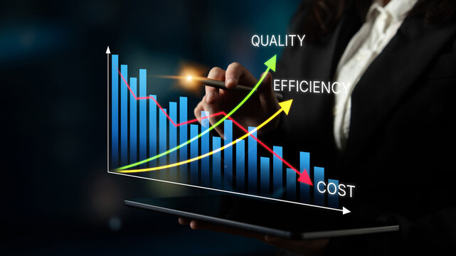Business Professional Analyzing Graph with Focus on Quality, Efficiency, and Cost in Dark Office Background. Bitwise.