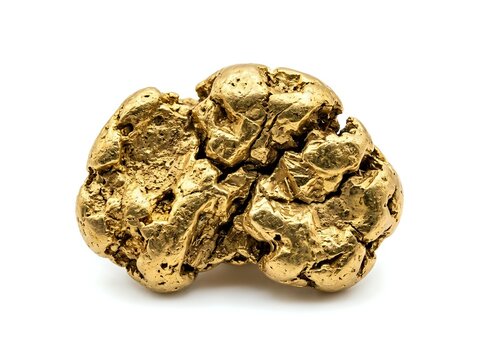Raw gold nugget with irregular texture and natural formations isolated on white background