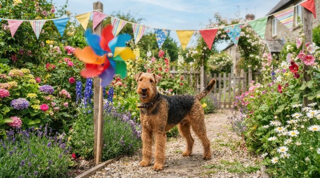 Airedale terrier dog standing in a vibrant garden with colorful pinwheel and bunting
