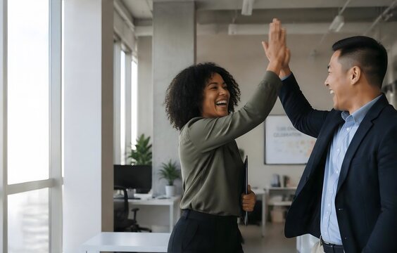 Diverse business colleagues highfive celebrating success and teamwork in a modern office.