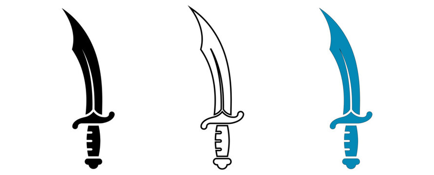Three stylish medieval scimitars with curved blades in black and blue isolated on white background, Vector