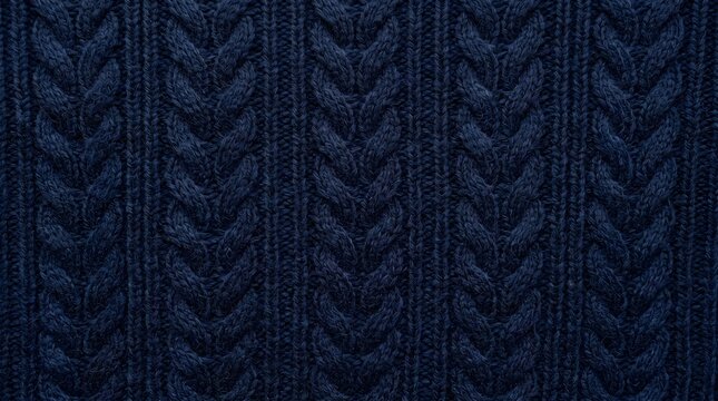 Closeup of dark blue knitted sweater with vertical cable knit pattern texture