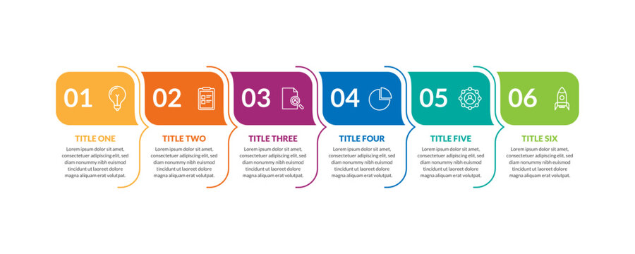 Timeline infographic presentation template with 6 steps or options. Six phase process infographic. Timeline with 6 arrow steps, six number options. Vector.