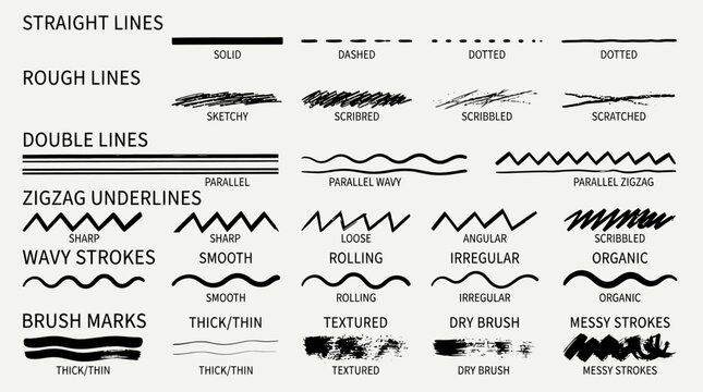 Collection of hand-drawn line styles, strokes, and brush marks for design