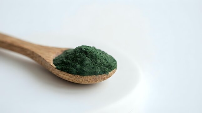 Wooden spoon filled with vibrant green spirulina powder on white surface