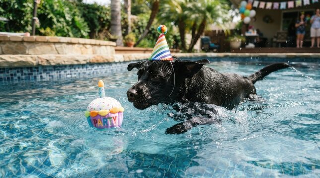 Black dog wearing party hat swimming in pool with birthday float toy