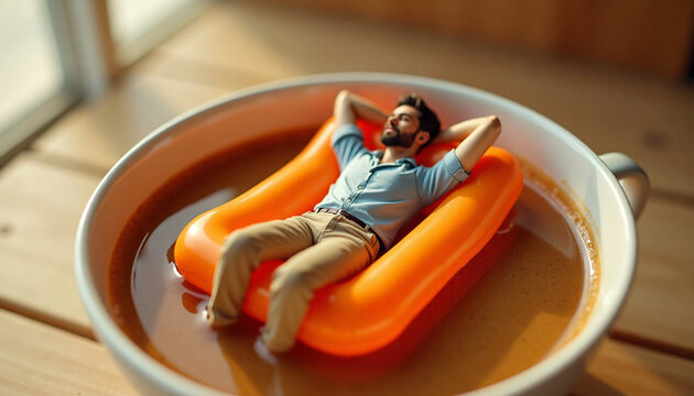 Tiny miniature man relaxing on orange pool float in cup of coffee. A coffee break and relaxation concept