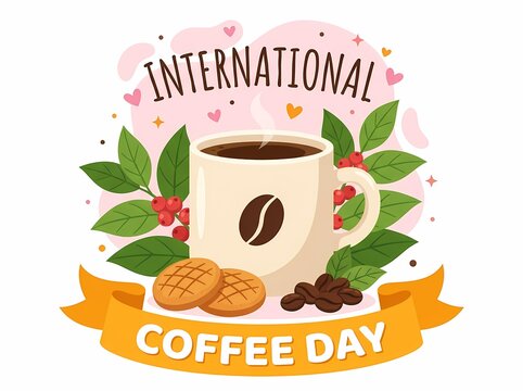 International Coffee Day emblem featuring hot mug, cookies, and plant