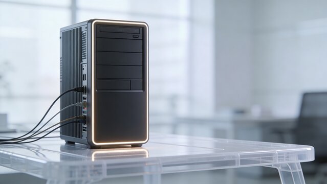 Black tower computer server standing on a transparent modern desk with connected network cables and illuminated front edge, professional technology hardware in a bright office environment