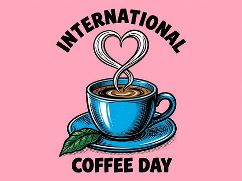International Coffee Day emblem featuring blue cup with heart steam