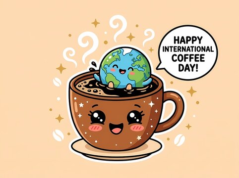 Cute International Coffee Day cartoon illustration featuring a happy globe.