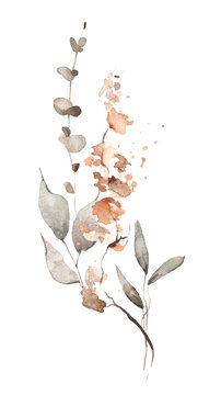 Watercolor floral fall arrangement bouquet. Gray, burgundy, brown, pink autumn wild flowers, eucalyptus branches, leaves and twigs. Hand painted isolated template design.